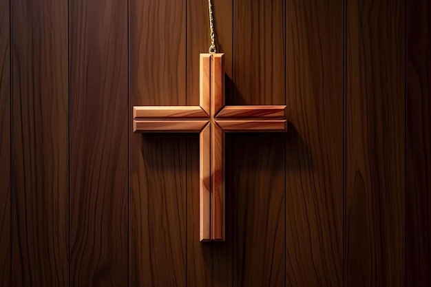 a wooden cross on a string