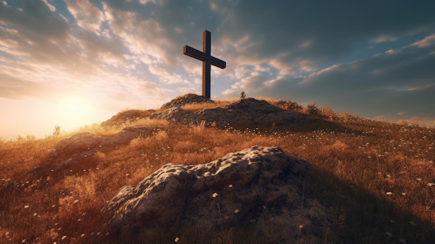 Wooden cross on the top of the mountain on the horizon