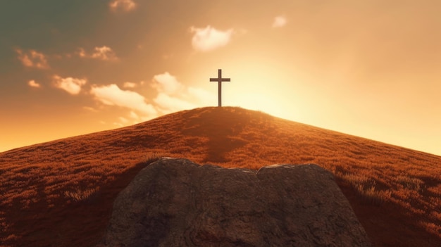 Wooden cross on the top of the mountain on the horizon