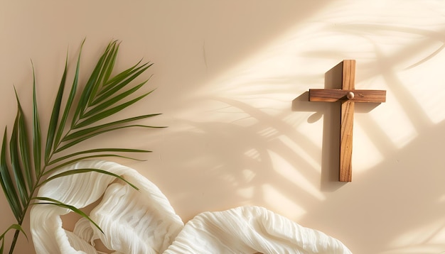 写真 木製の十字架の白い布とベージュ色の背景の上部のパームの葉 イースターの属性
