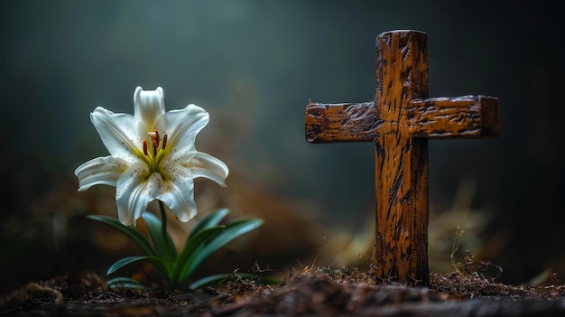 Foto croce di legno e giglio bianco