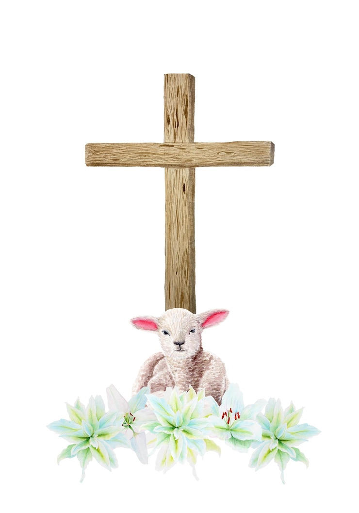 Photo wooden cross with crown of thorns lily garland and a lamb watercolor composition isolated on white illustration perfect for easter holy thursday baptism wedding cards stickers decor design