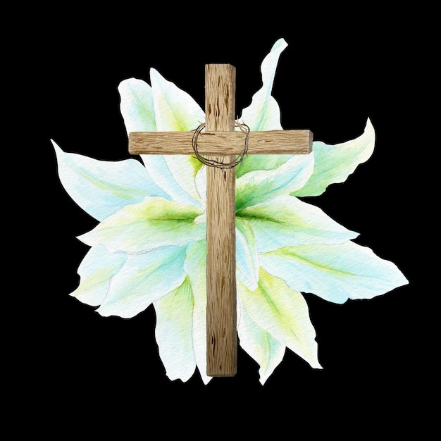 Wooden cross with crown of thorns and white lily watercolor composition isolated on black Illustration perfect for Easter Holy Thursday christening baptism wedding cards stickers decor design