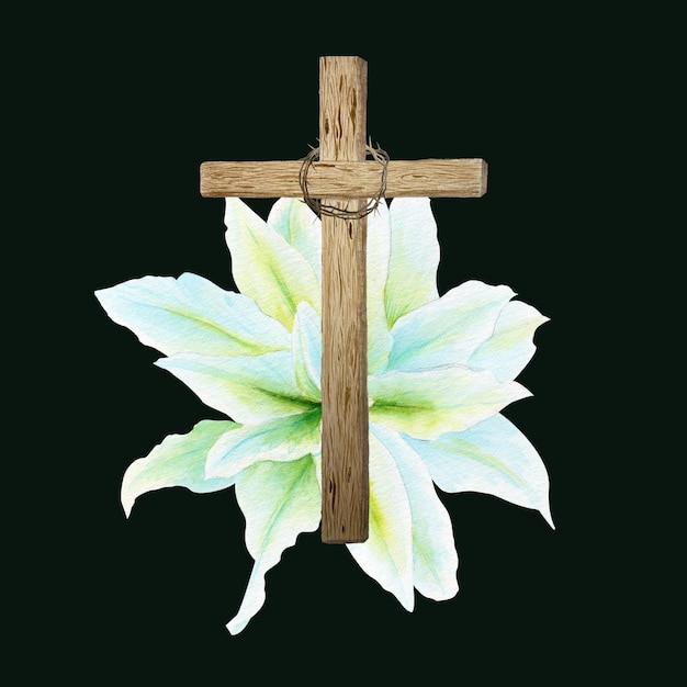 Wooden cross with crown of thorns and white lily watercolor composition isolated on black Illustration perfect for Easter Holy Thursday christening baptism wedding cards stickers decor design