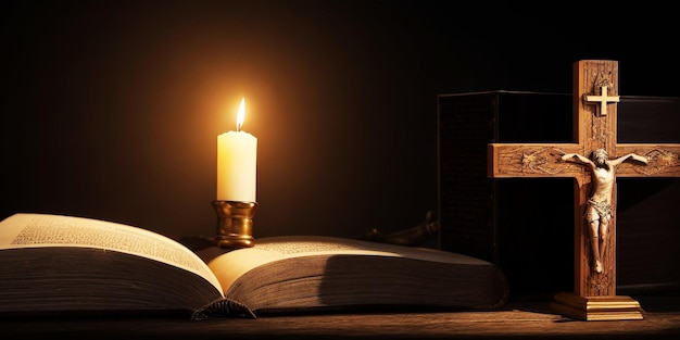 wooden cross with a crucifix on the background of the holy bible