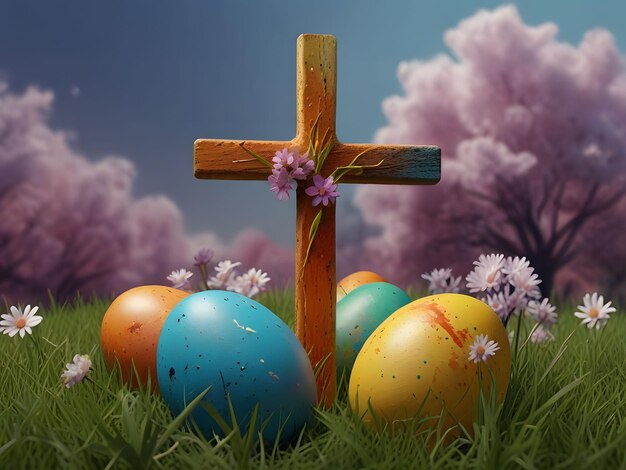 青い背景の草の中にイースターの卵をつけた木製の十字架その後ろには紫の空がある