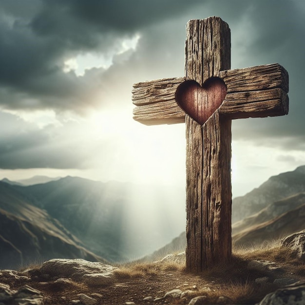 a wooden cross with a heart on it is in the background