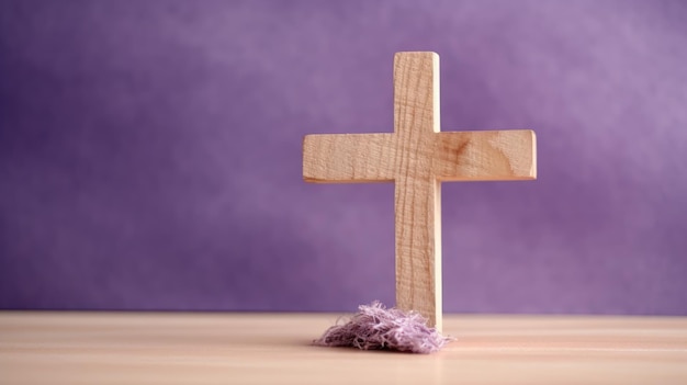 Wooden cross with lavender flowers