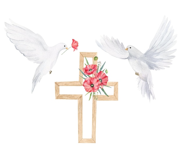 Wooden cross with red poppy flower and white dove watercolor design element for remembrance day anza