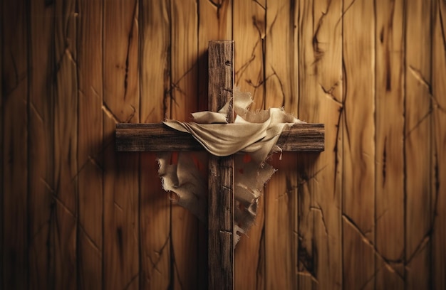 Wooden cross with rolled fabric pieces