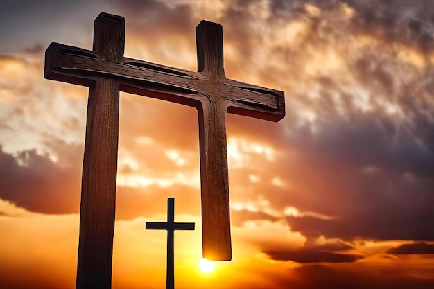 A wooden cross with a sunset behind it