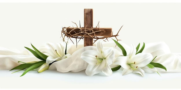 Wooden Cross with White Lilies and Crown of Thorns