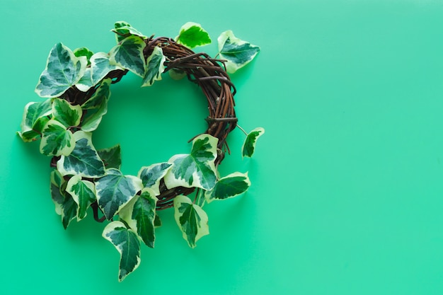 Wooden crown with ivy on green copy space, Top view.