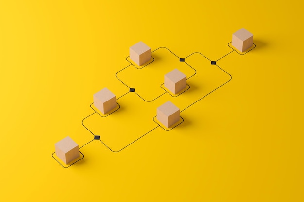 Photo wooden cube block arranging processing management on yellow background 3d render illustration