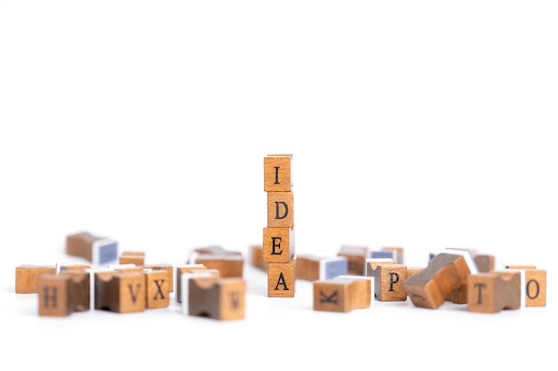 wooden cube letter the word IDEA on white background Business ideacreative thinking idea concept.