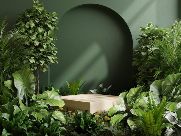 製品のプレゼンテーションと緑の背景のための熱帯林の木製キューブ表彰台
