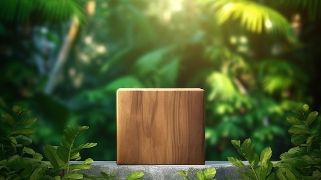 Wooden cube podium in tropical forest for product presentation Generative AI