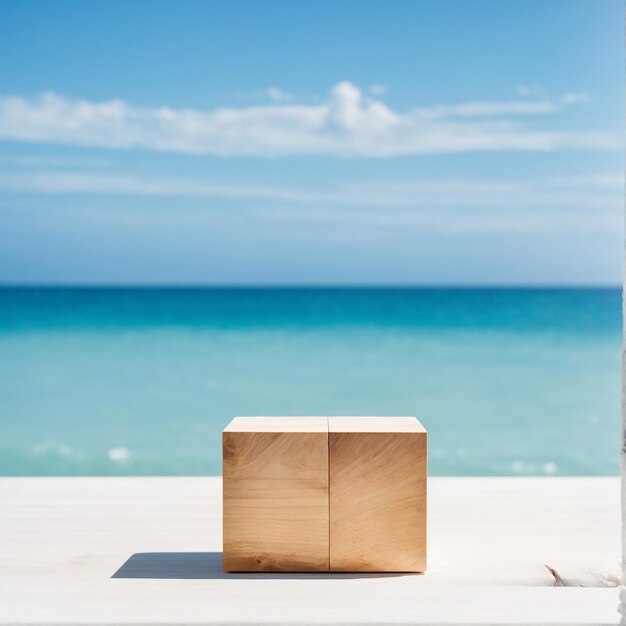 Wooden cube on white table top with sea and blue sky background high quality photo