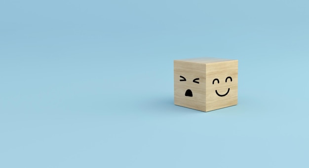 Wooden cube with anger and happy faces on blue background Customer service evaluation 3D illustration
