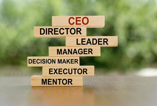 CEO 개념과 함께 나무 큐브 CEO의 이미지 및 역할 설명 금융 마케팅 및 비즈니스 리더 개념