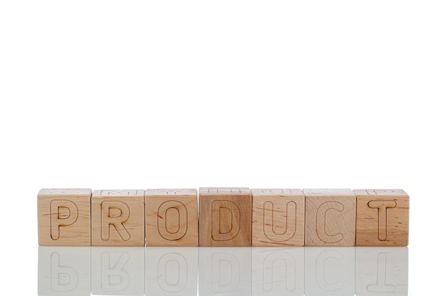 Wooden cubes with letters product on a white background