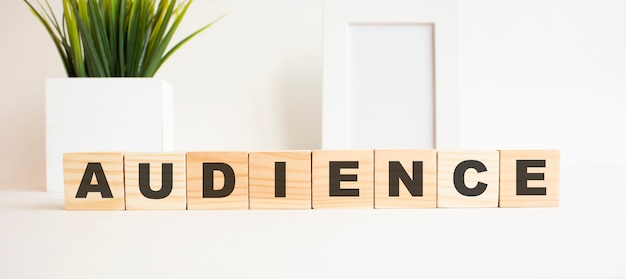 Wooden cubes with letters on a white table AUDIENCE