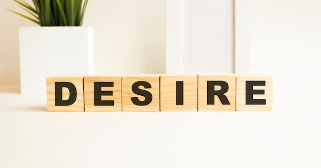 Wooden cubes with letters on a white table. The word is DESIRE. White surface with photo frame, house plant.