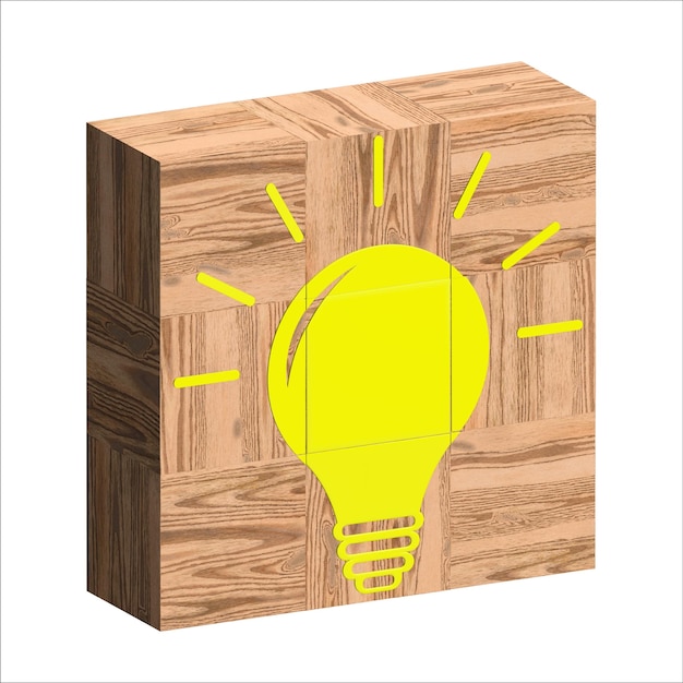 Wooden cubes with yellow lamp Solving problems in business Innovation and teamwork in company Cre