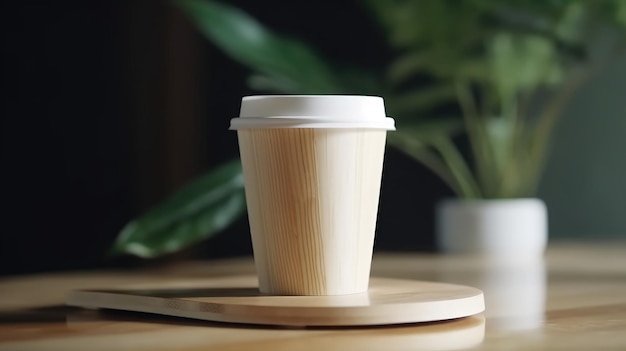 A wooden cup of coffee with a lid on it.