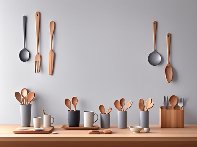 Photo wooden cutlery in a clean minimalist theme kitchen set