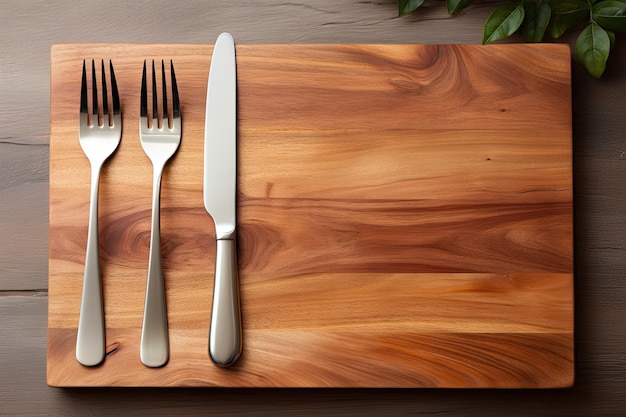 テーブルの上のまな板の上に木製のカトラリー フォークとスプーン