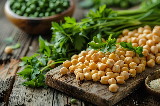 A wooden cutting board topped with chickpeas and parsley next to a bowl of parsley and a spoon