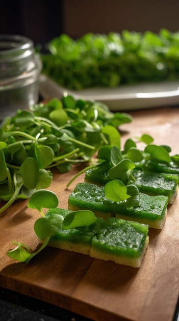 A wooden cutting board topped with green vegetables generative AI