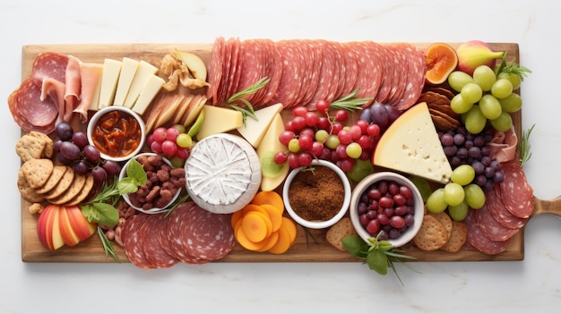 A wooden cutting board topped with lots of different types of food