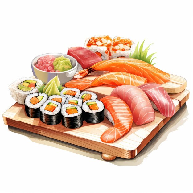 A wooden cutting board topped with lots of sushi