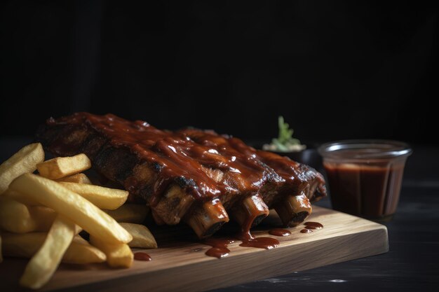 A wooden cutting board topped with meat and french fries generative AI