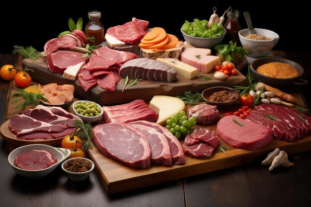 A wooden cutting board topped with meat and vegetables