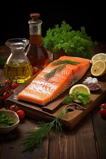 a wooden cutting board topped with a piece of salmon