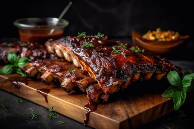 A wooden cutting board topped with ribs covered in bbq sauce generative AI