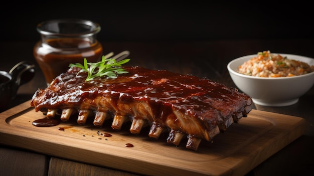 A wooden cutting board topped with ribs covered in bbq sauce