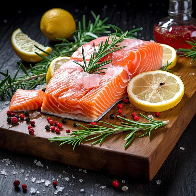 A wooden cutting board topped with salmon and lemon slices