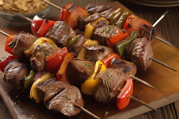 A wooden cutting board topped with skewers of meat and veggies generative AI