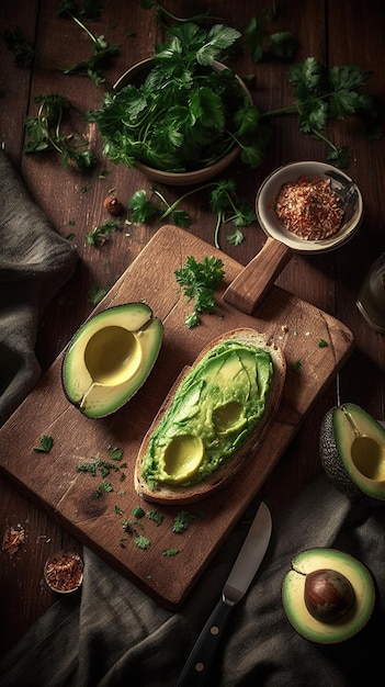 A wooden cutting board with avocado and a bowl of parsley.