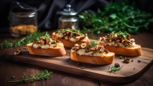 A wooden cutting board with baked sweet potatoes with mushrooms on it