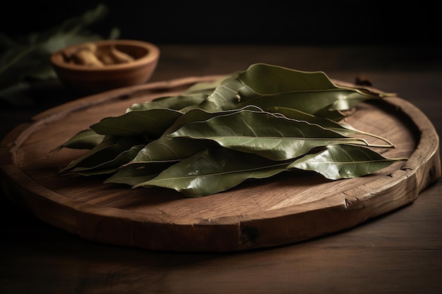 A wooden cutting board with bay leaves on it and a bowl of dried herbs in the background