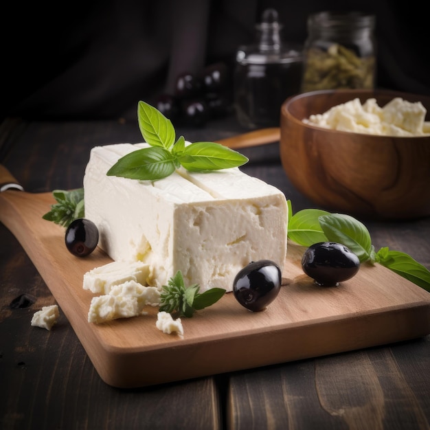 A wooden cutting board with a block of feta cheese and black olives.