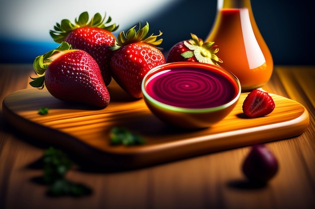 A wooden cutting board with a bowl of strawberry sauce and a bottle of strawberry syrup.