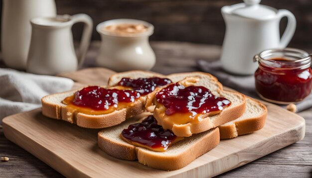 a wooden cutting board with bread and jam on it