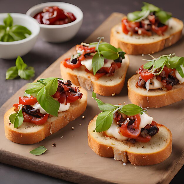 Photo a wooden cutting board with a bunch of sliced bread on it