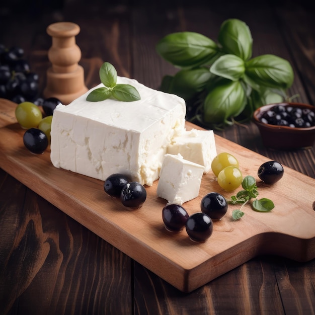 A wooden cutting board with cheese and grapes on it